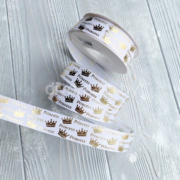Лента репсовая "Princess" 2,5 см, белый/золото Лента репсовая "Princess" 2,5 см, белый/золото