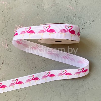 Лента репсовая с рисунком "Фламинго" 2,5 см Лента репсовая с рисунком "Фламинго" 2,5 см