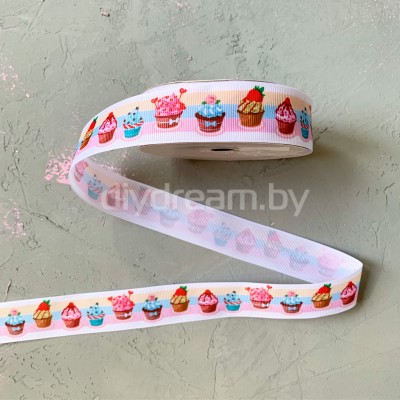 Лента репсовая с рисунком "Пирожное" 2,5 см Лента репсовая с рисунком "Пирожное" 2,5 см