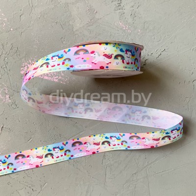 Лента репсовая с рисунком "Единороги" 2,5 см Лента репсовая с рисунком "Единороги" 2,5 см