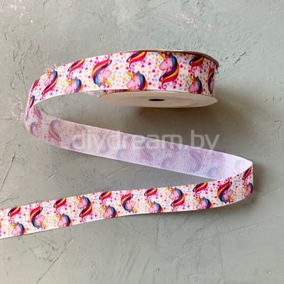 Лента репсовая с рисунком "Единорог" 2,5 см, белый Лента репсовая с рисунком "Единорог" 2,5 см, белый