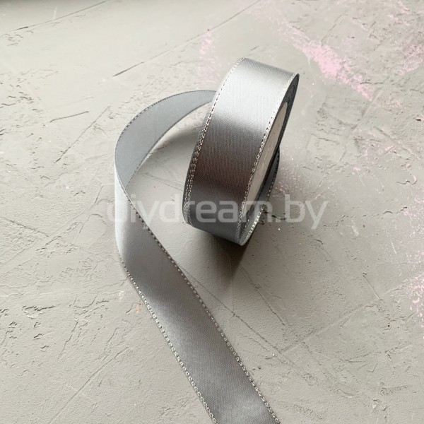 Лента атласная с люрексом 2,5 см, серый/серебро