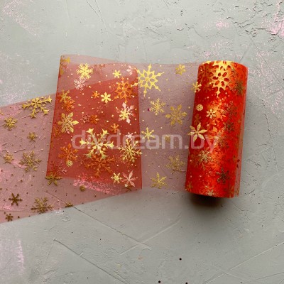 Фатин "Снежинки" 15 см, красный/золото (1 м) Фатин "Снежинки" 15 см, красный/золото (1 м)